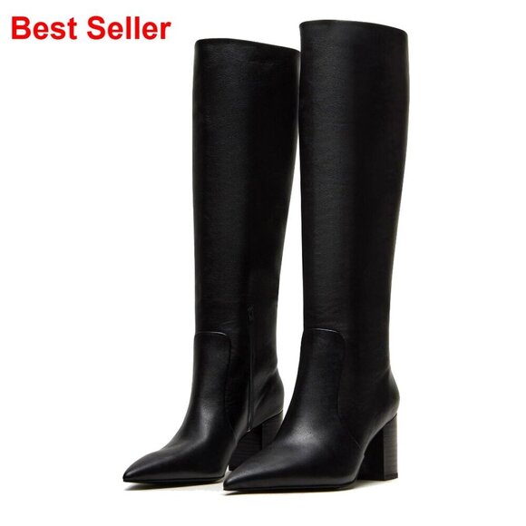 Shoes - Knee High Boots Pointed Toe Chunky Heel Side Zipper Faux Leather Dressy